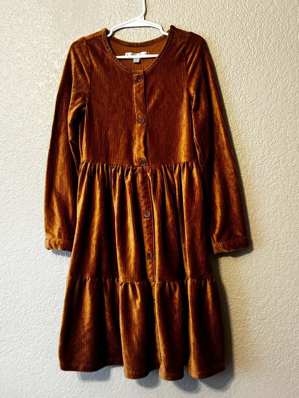 Biscotti Collezione Burnt Orange Ribbed Velvet Tiered Long Sleeve ButtonUp Dress